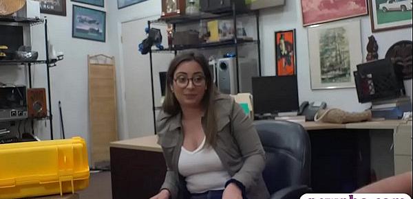  Slut with glasses fucked by pawnshop man in the office